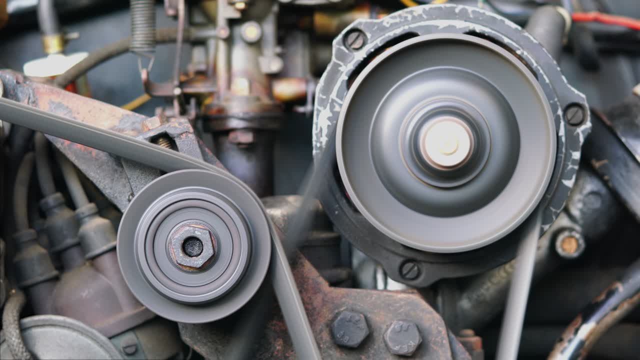 오래된 자동차 엔진이 작동하고 있습니다.