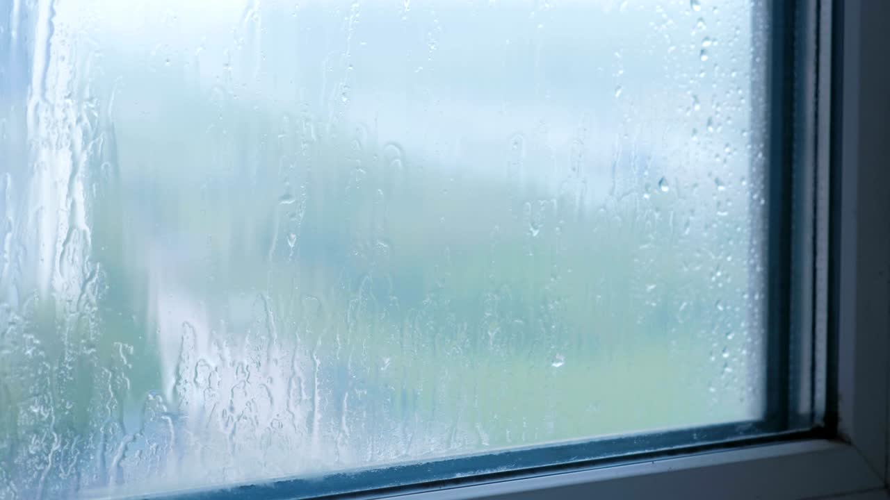 방울이 창문 아래로 흐르고 있습니다.