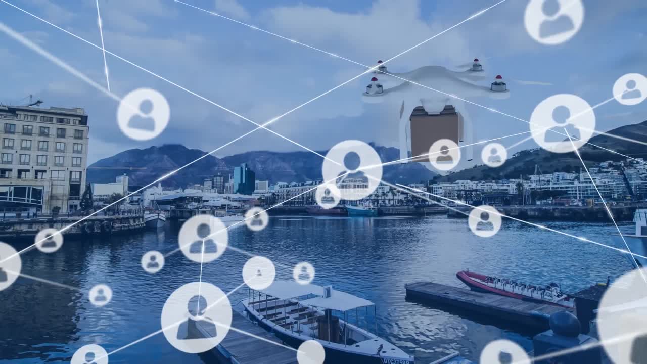 도시 항구에 정박한 배 위를 날아다니는 선과 드론과 연결된 프로필 아이콘의 애니메이션