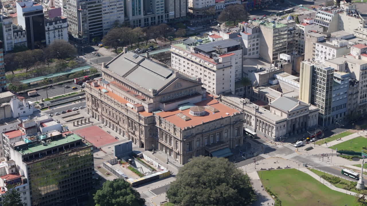 Aerial view of historic Colon Theater opera house in Buenos Aires, Argentina