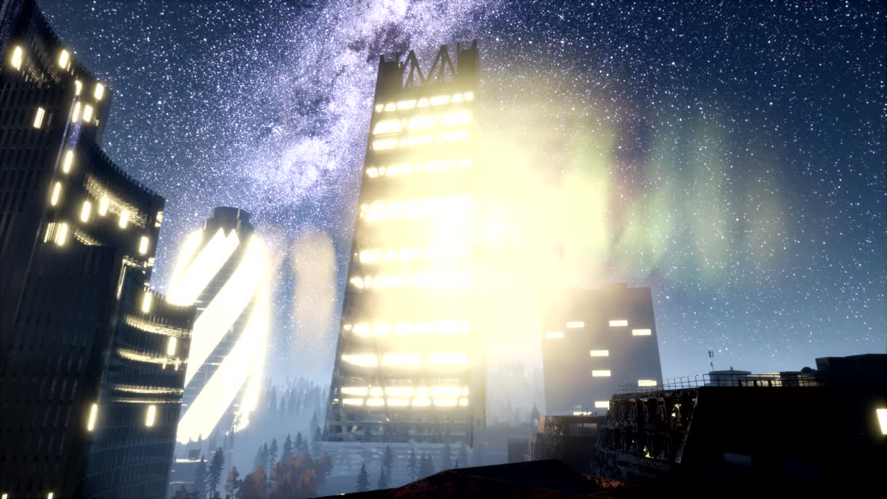 밤에는 은하계의 별들과 함께 도시의 마천루