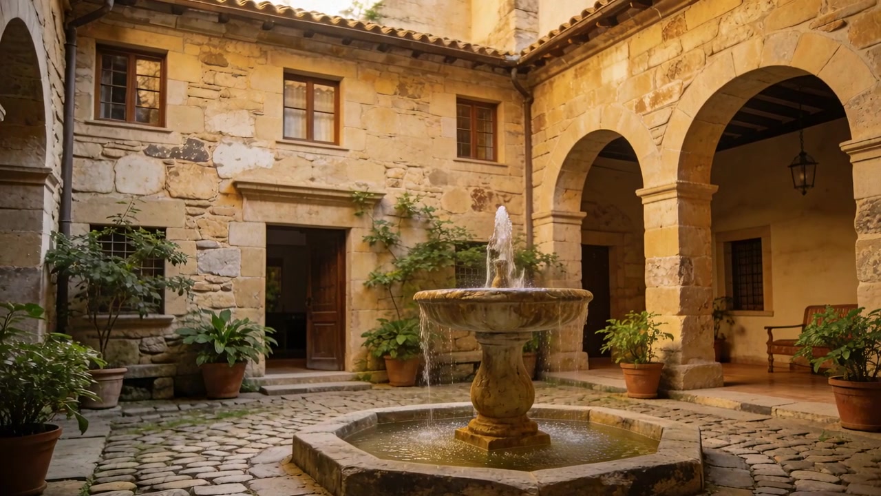 Telecamera in movimento, fontana centrale che crea increspature e getti d'acqua variabili mentre mostra un cortile con vasi.