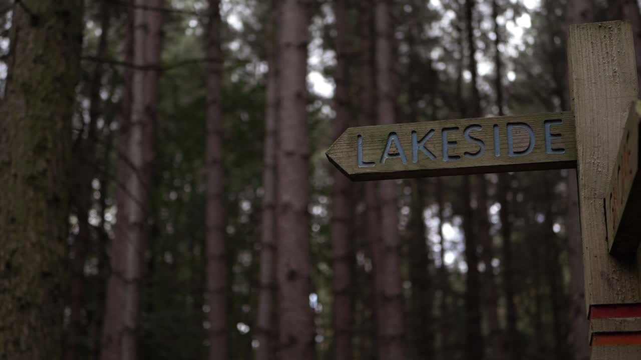 Wooden rustic sign in forest pointing to lakeside wide shot