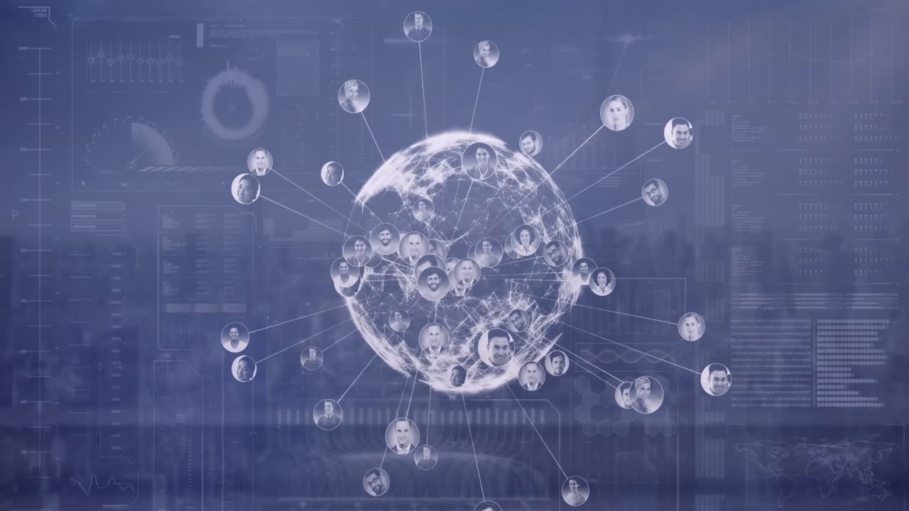 현대 도시 풍경에 대한 전 세계 및 hud 인터페이스에 대한 프로필 아이콘의 애니메이션