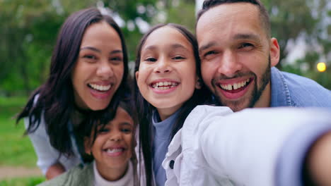 happy family, hug and silly selfie in nature