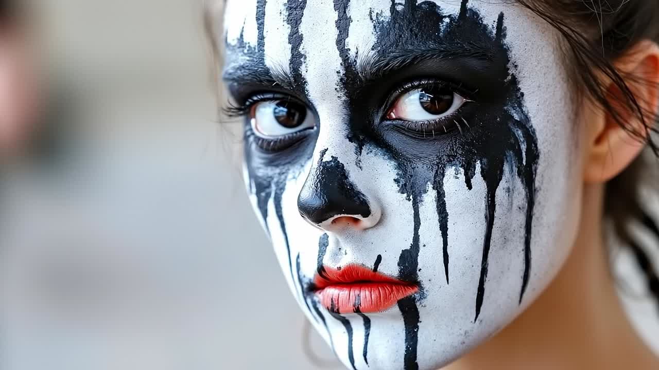 una mujer con una pintura facial negra y blanca en su cara