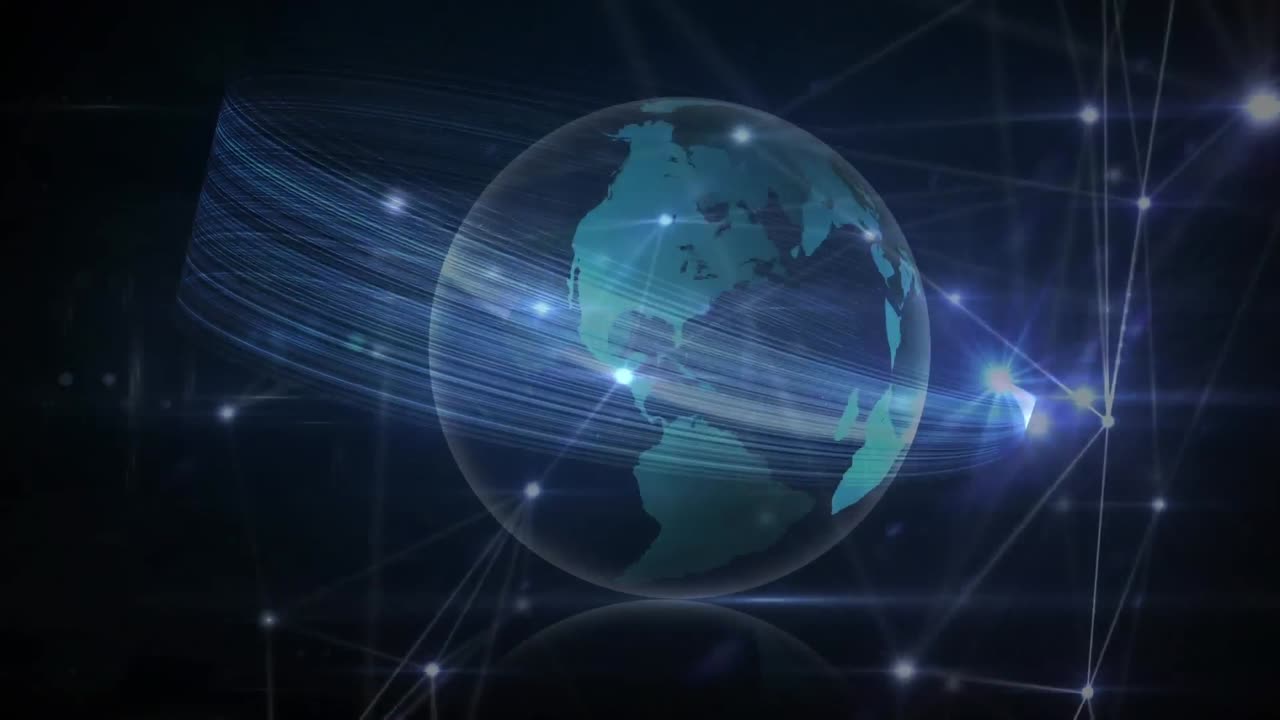 검은색 바탕에 회전하는 지구 위에 빛나는 연결 네트워크와 빛의 흔적의 애니메이션