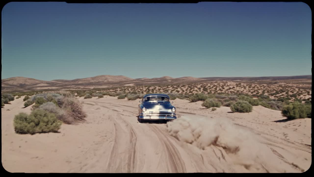 사막 도로 에 있는 빈티지 자동차