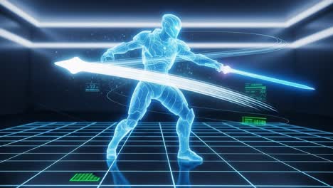 dynamic action sequence of a holographic warrior performing a sword technique in a futuristic grid environment with light trails and data visualizations