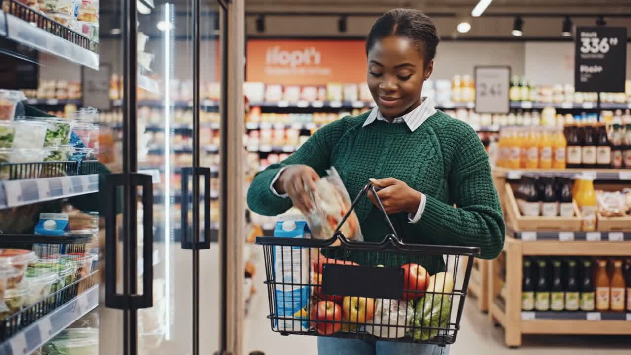 Woman shopping for groceries in supermarket freezer aisle