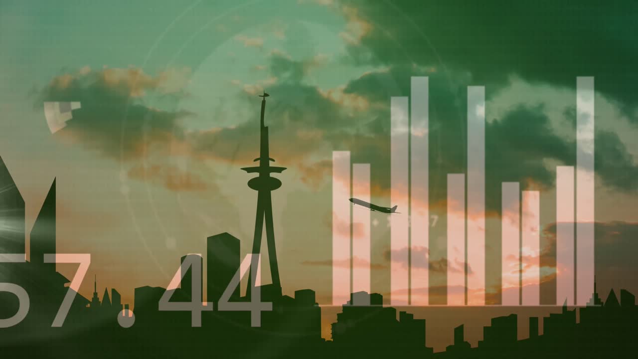 도시 풍경 위의 금융 데이터 처리 애니메이션