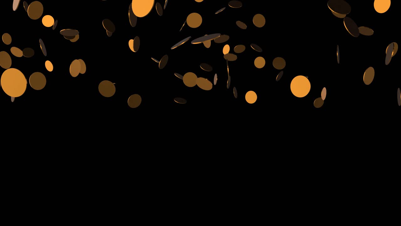 Animation of a large amount of golden coins falling down in slowmotion on a black background