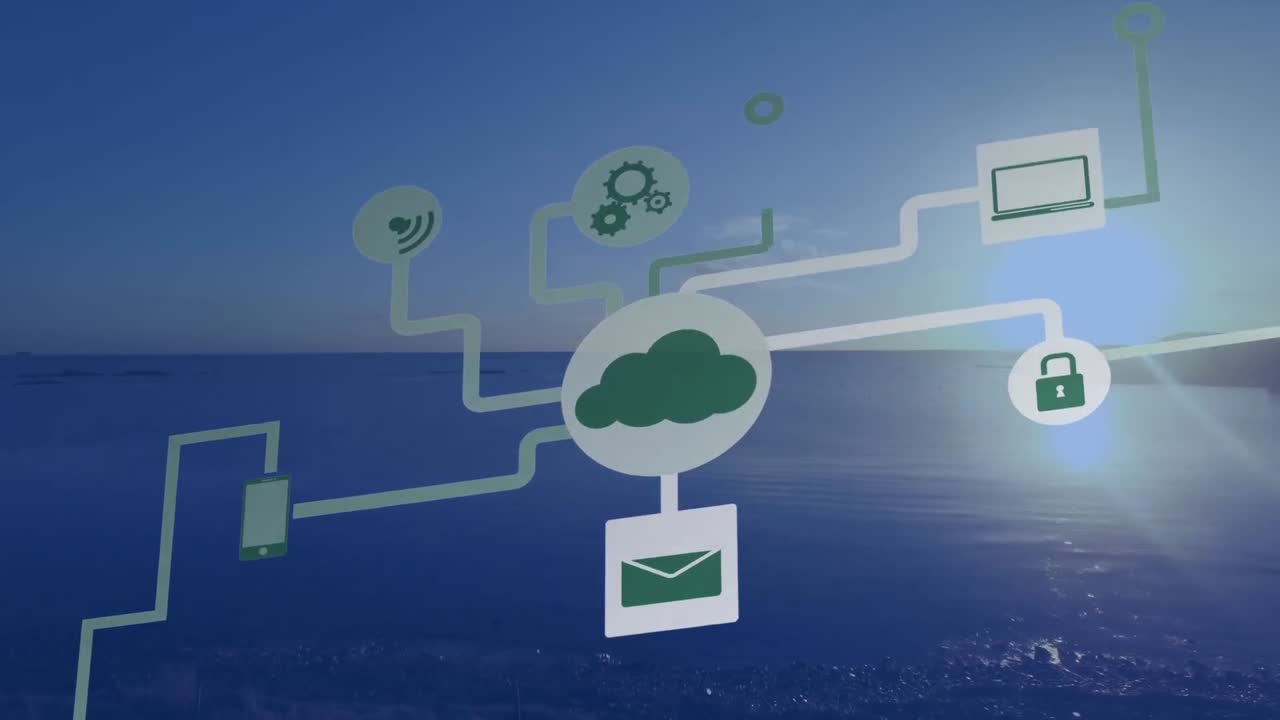 animación de iconos tecnológicos sobre paisajes marinos
