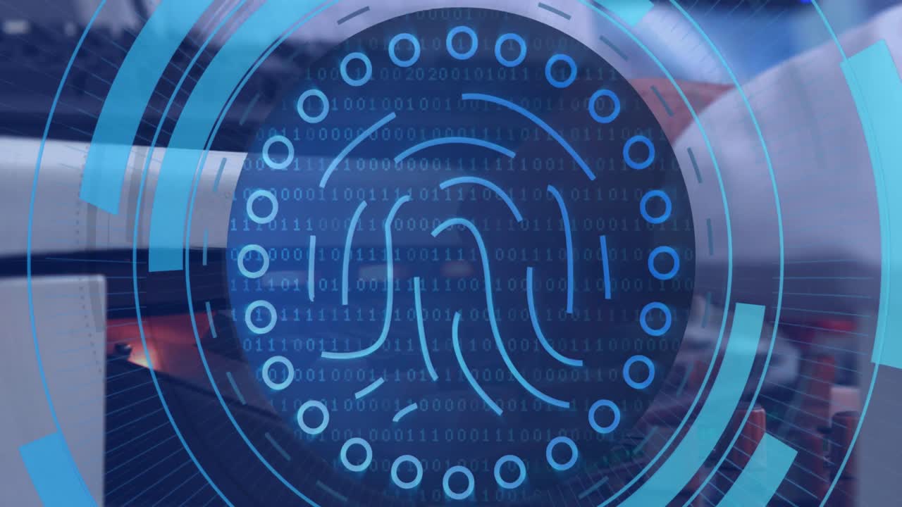 Animation of fingerprints in circles over hands of caucasian man typing on laptop