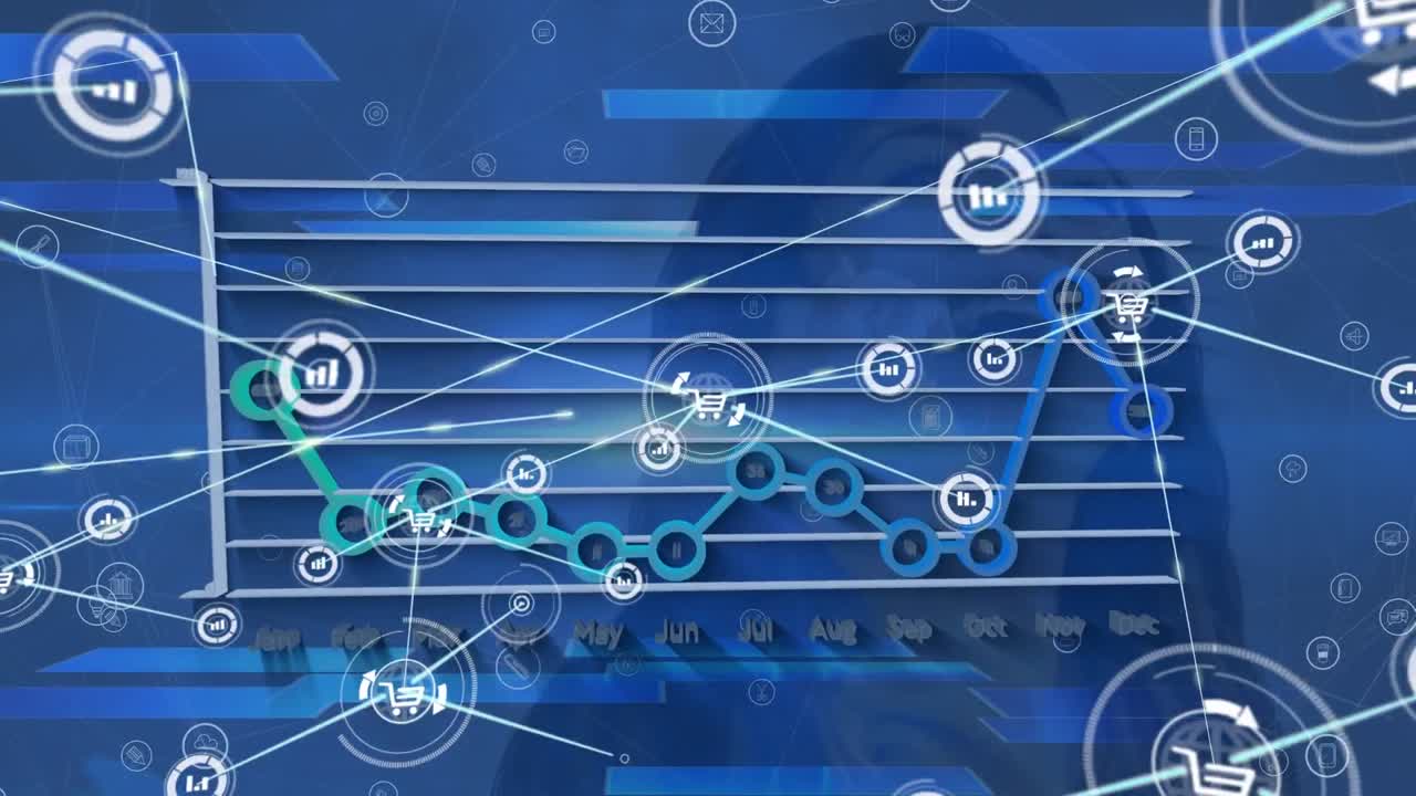 animación de la red de iconos de datos que procesan datos sobre gráfico sobre fondo azul