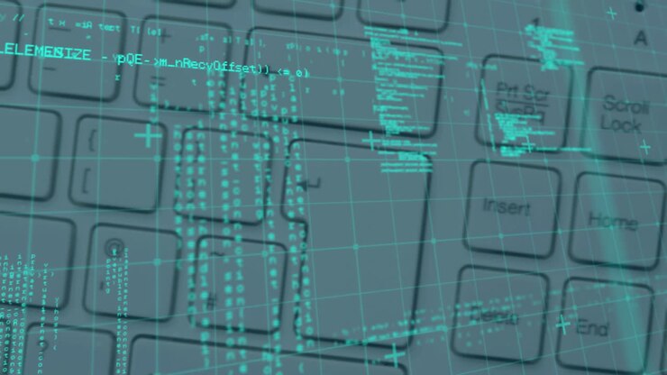 Animation af grøn databehandling over et computertastatur i baggrunden