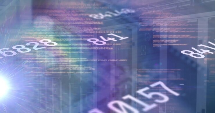 Animation of data processing over caucasian woman in face mask