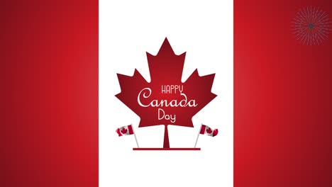 saludos para el día de canadá mostrados en la bandera canadiense con fuegos artificiales en el fondo