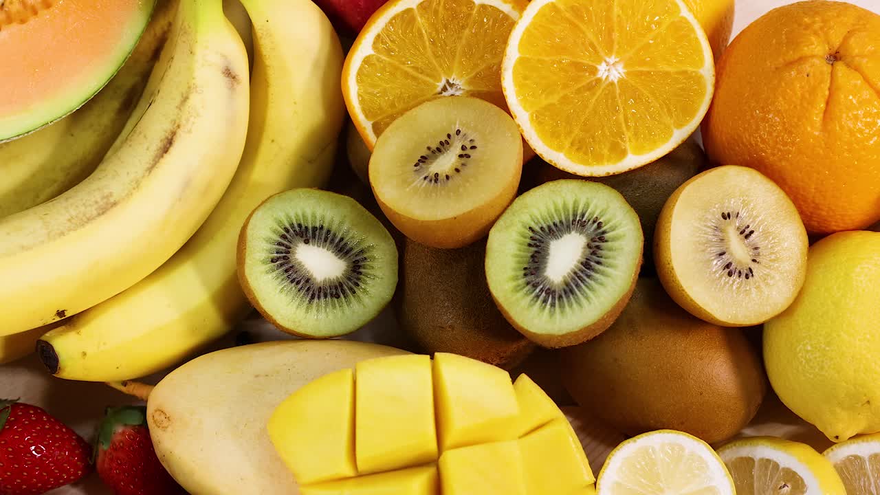 Assorted fruits displayed in a vibrant arrangement