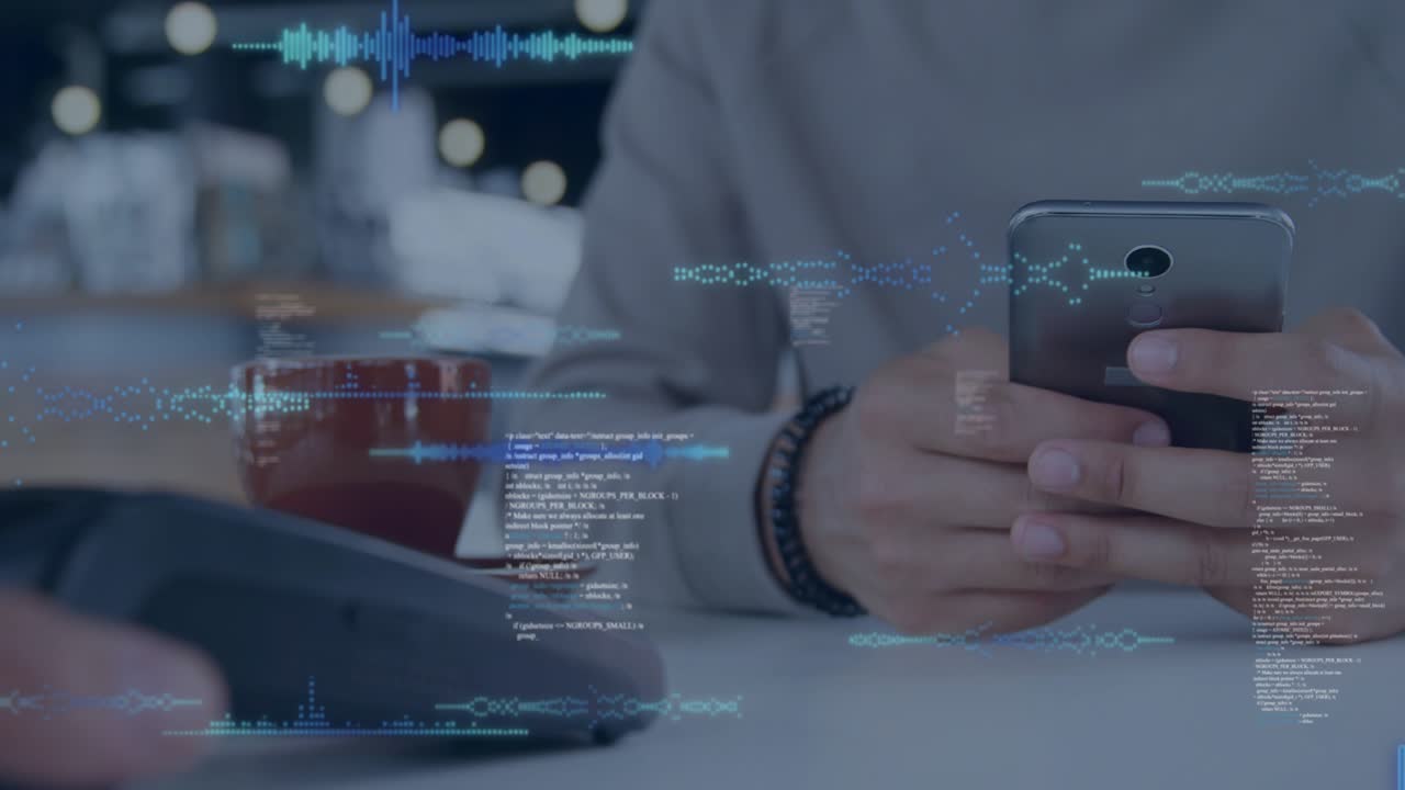 Man tapping smartphone in cafe, activating blue data overlays, presenting phone for tap payment