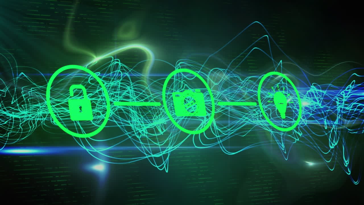 Animation of digital icons with padlock, camera and bulb over waves on black background
