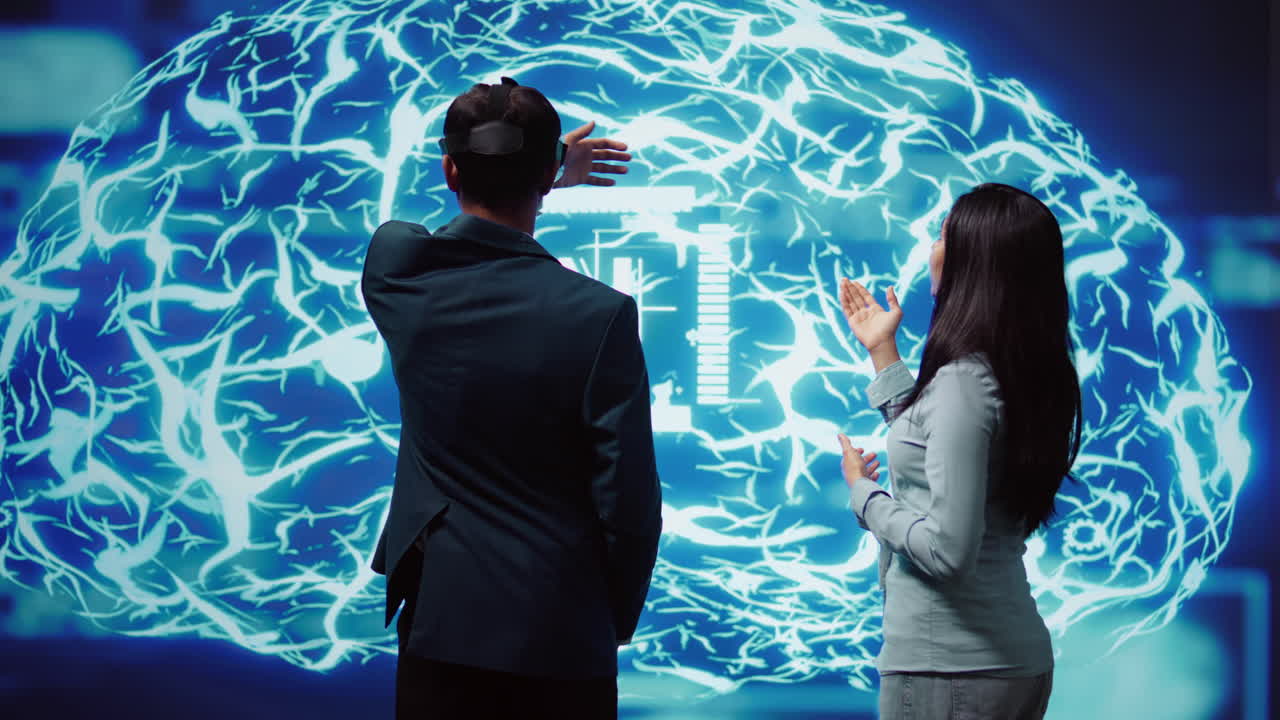 Colleagues using virtual reality technology and AI systems