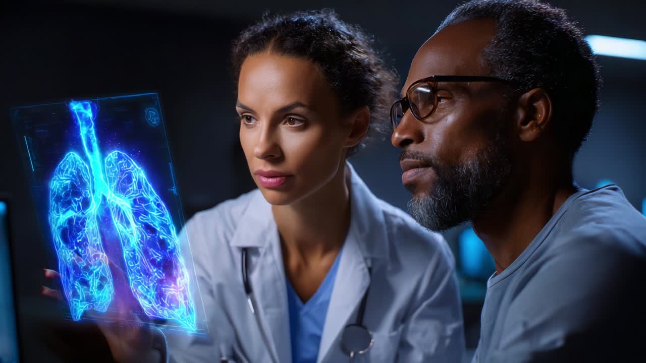 In a modern medical setting, a female doctor discusses advanced digital lung imagery with a male patient, showcasing innovative healthcare technology and the importance of effective communication in patient education