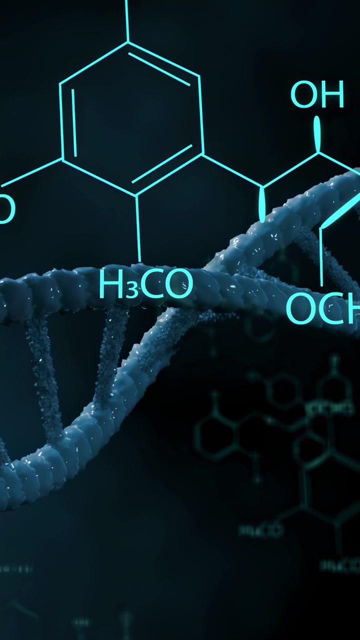 Video verticale: Panoramica della telecamera a destra, elica del DNA che ruota, spostandosi a destra, mostrando diagrammi chimici.