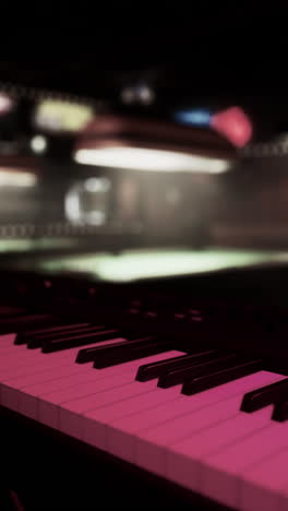 close-up of a piano keyboard in a dark studio