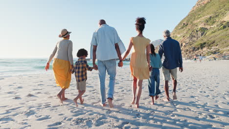 Strand,-Rücken-Und-Große-Familie,-Die-Händchen-Hält