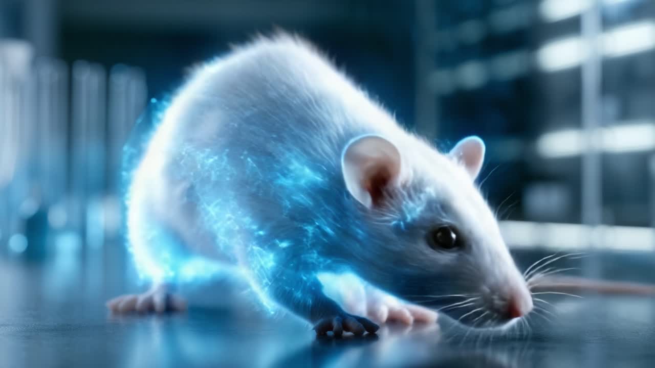 Una rappresentazione futuristica di un topo circondato da energia digitale in un ambiente di laboratorio, che mostra l'intersezione tra biologia e tecnologia.