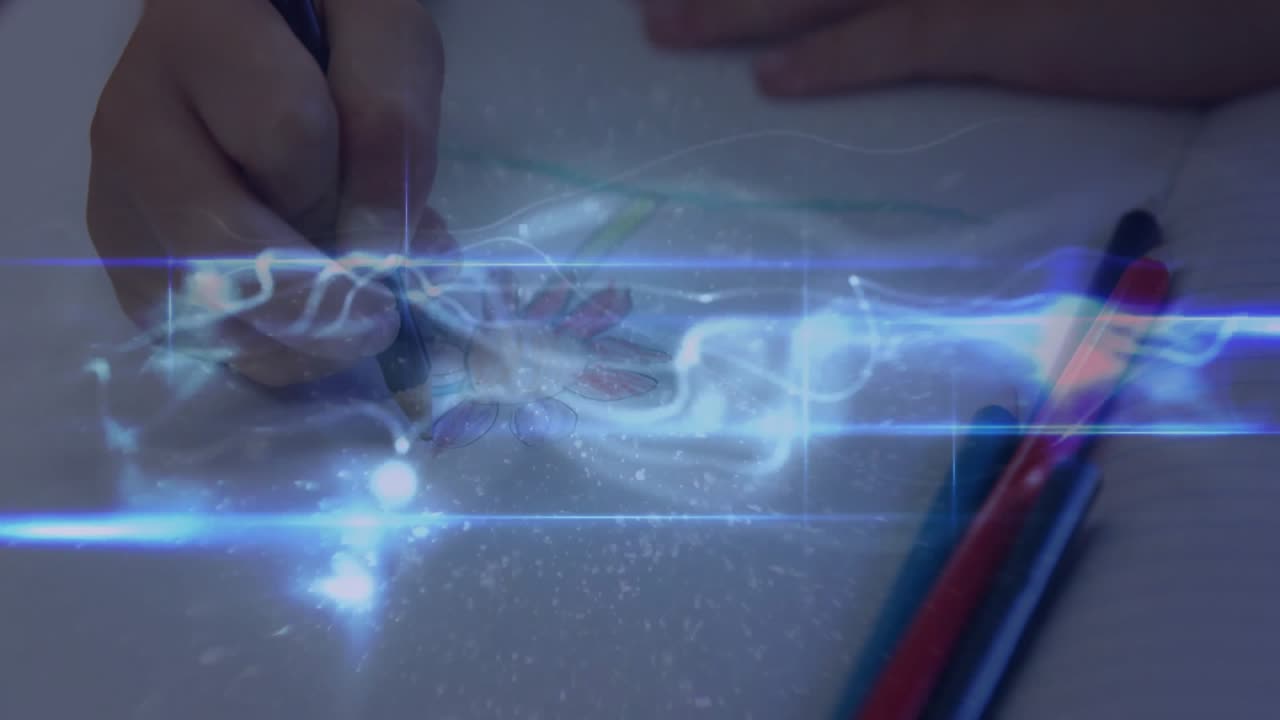 Blue energy overlay sweeping across initiating hand sketching flower and stem for plant drawing