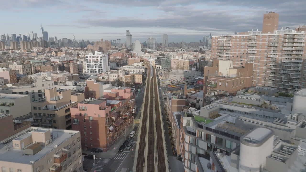 Aerial view of the subway in Brooklyn. Shot in New York City on a winter morning.