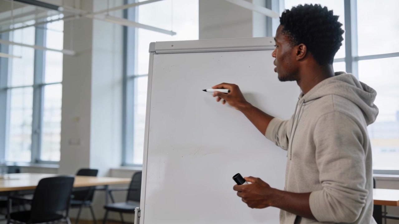 Young Man Writing on Whiteboard in Modern Office