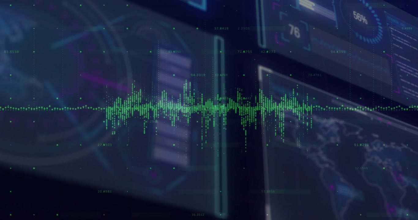 Neon green waveform glowing across blue interface displaying data points charts moving flat-design