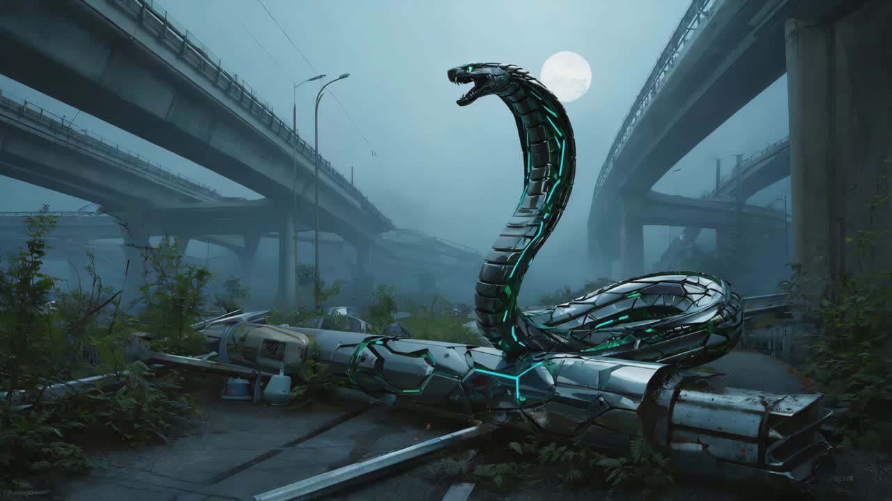 Cyberpunk robotic snake in a post-apocalyptic landscape