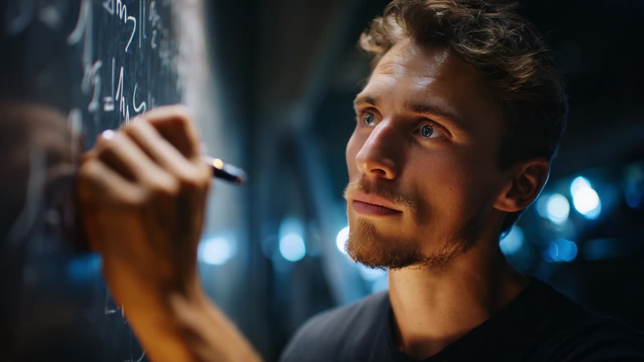 A focused individual engrossed in mathematical equations, intently writing on a chalkboard, illuminated by soft ambient light, illustrating the pursuit of knowledge and intellectual curiosity in a study environment