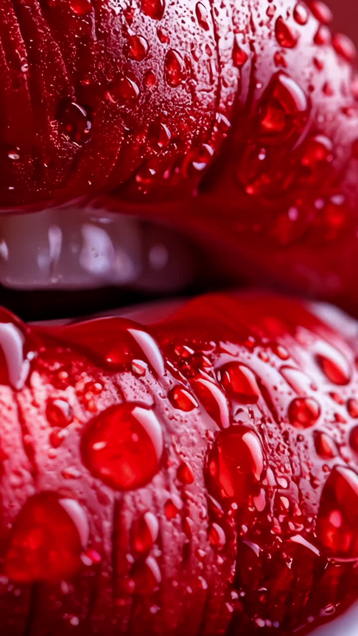 A close up of a red lip with water droplets on it. The droplets are small and scattered, giving the impression of a fresh, natural look. The lip is bold and striking