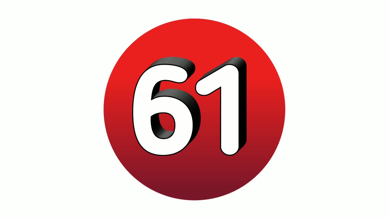 Numero 3D 61 sessantuno, icona simbolo animazione grafica in movimento su sfera rossa su sfondo bianco, numero video cartone animato per elementi video.