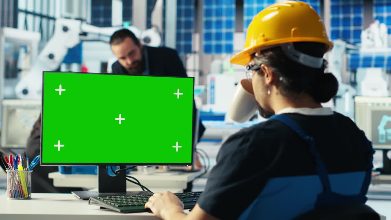 태양 전지 패널 공장의 엔지니어는 레이아웃을 최적화하기 위해 모 pc에서 cad 소프트웨어를 사용합니다.