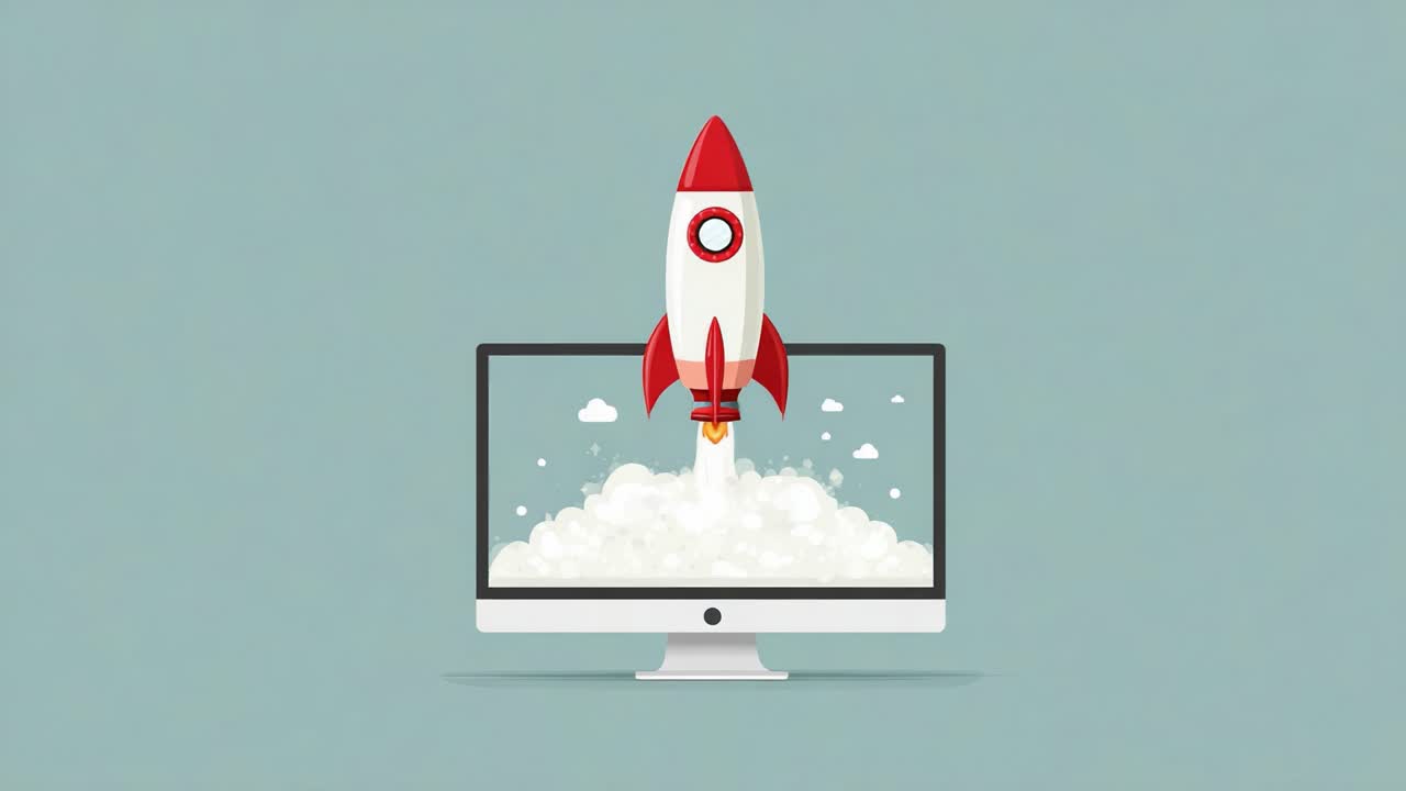 A Creative Illustration Depicting a Rocket Launching From a Computer Monitor, Symbolizing Innovation, Technology, and Digital Progress in a Vibrant Digital World