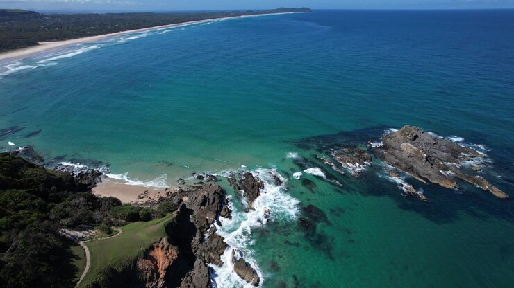 Rocky Beach, Kings Beach In Broken Head, NSW, Australia - Drone Shot