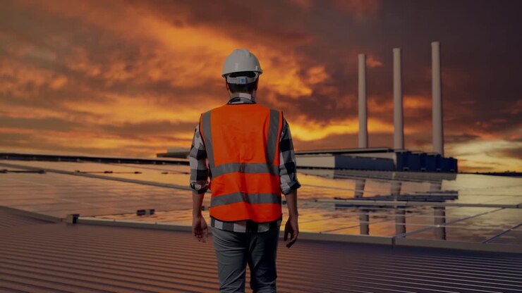 Back of Asian Male Engineer Walking and Inspecting Solar Panels on Rooftop at Sunset