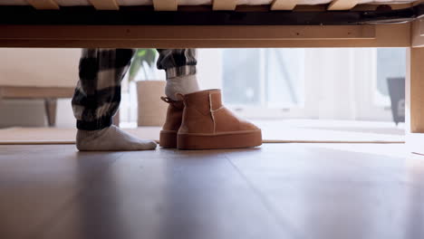 morning, shoes and woman with slippers in bedroom