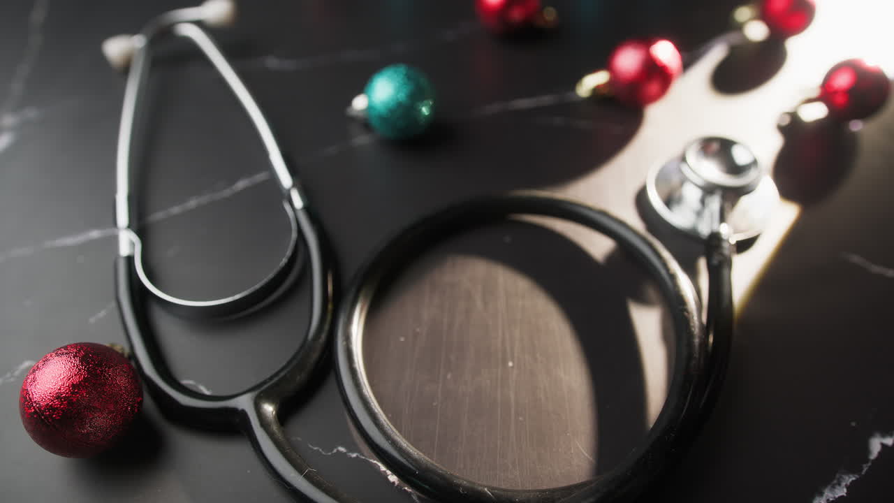 Doctor with Stethoscope Takes a Break for Christmas Background with Balls