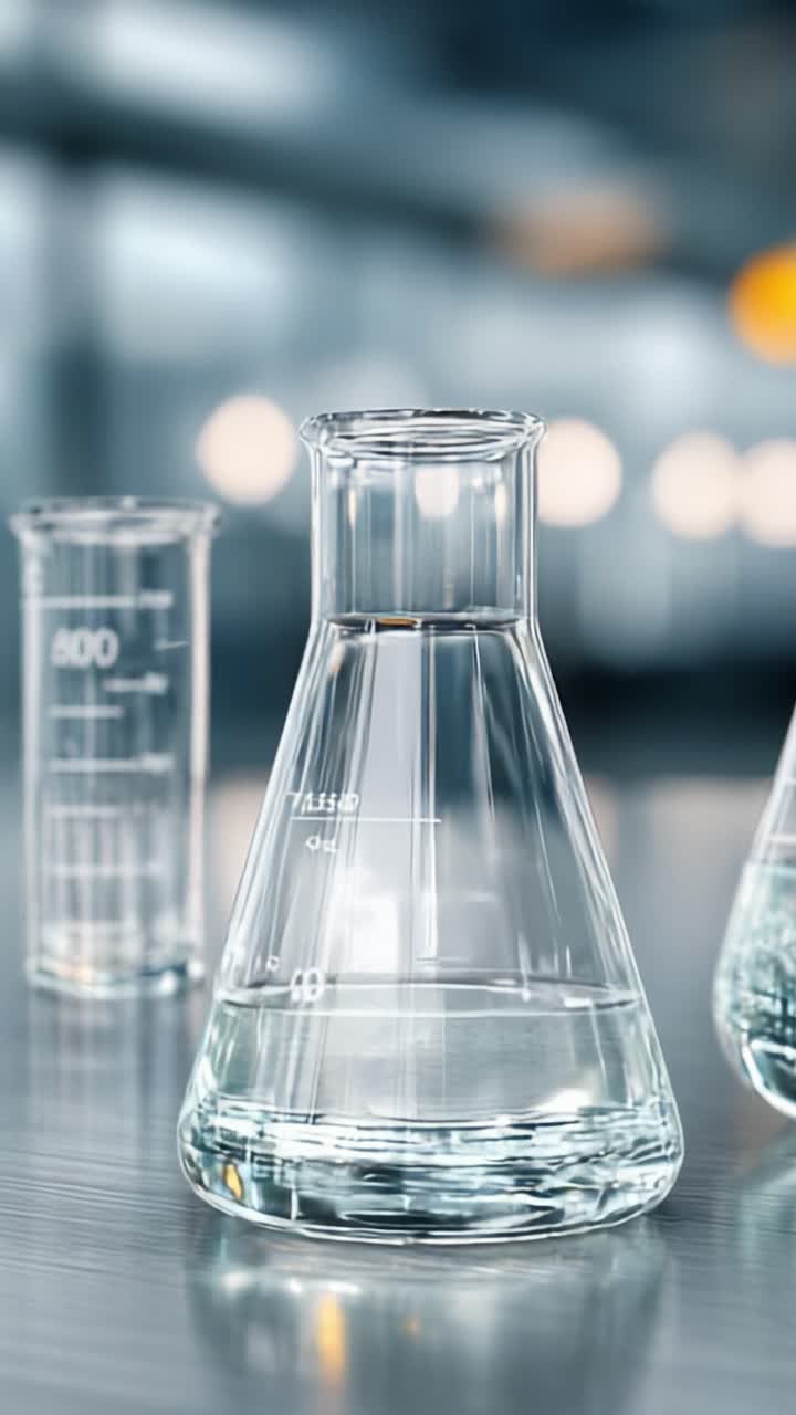 Esplorando la misurazione precisa di liquidi in vetreria da laboratorio: Osservazione concentrata di soluzioni chiare in becher e fiasche scientifiche.