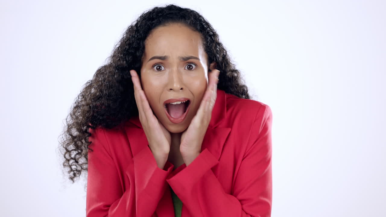 Wow, celebration and happy woman face in studio