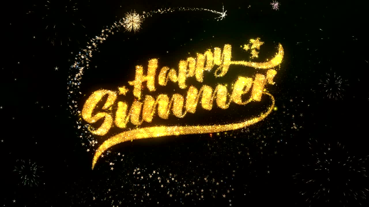 반이는 어리와 반이는 불꽃으로 만든 행복한 여름 축하 카드, 다채로운 불꽃놀이 4k 배경으로 어두운 밤 하늘을 밝게합니다.