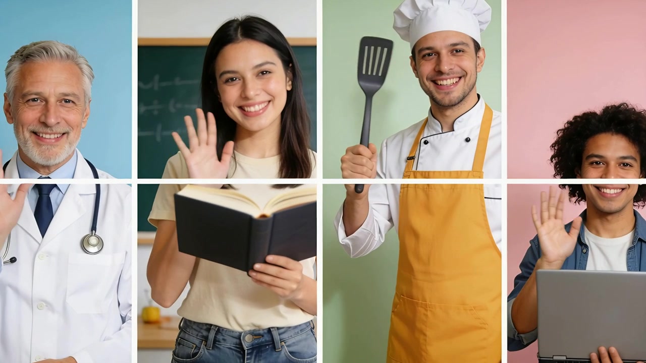 4 persone che salutano dopo l'apparizione di una griglia in studio, con camice da laboratorio, grembiule, stetoscopio, libro, spatola e laptop.