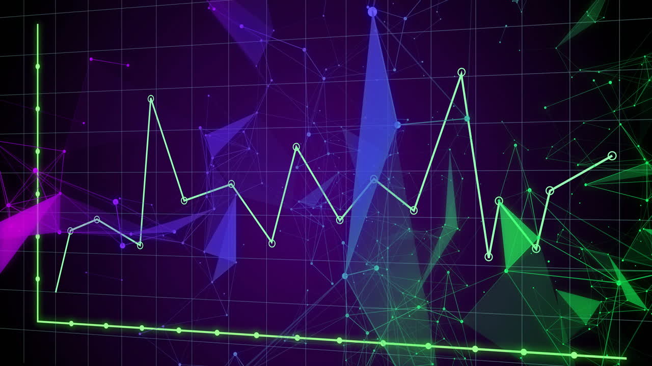 Light-green line graph moving across dark purple grid, showing neon triangular network polygons